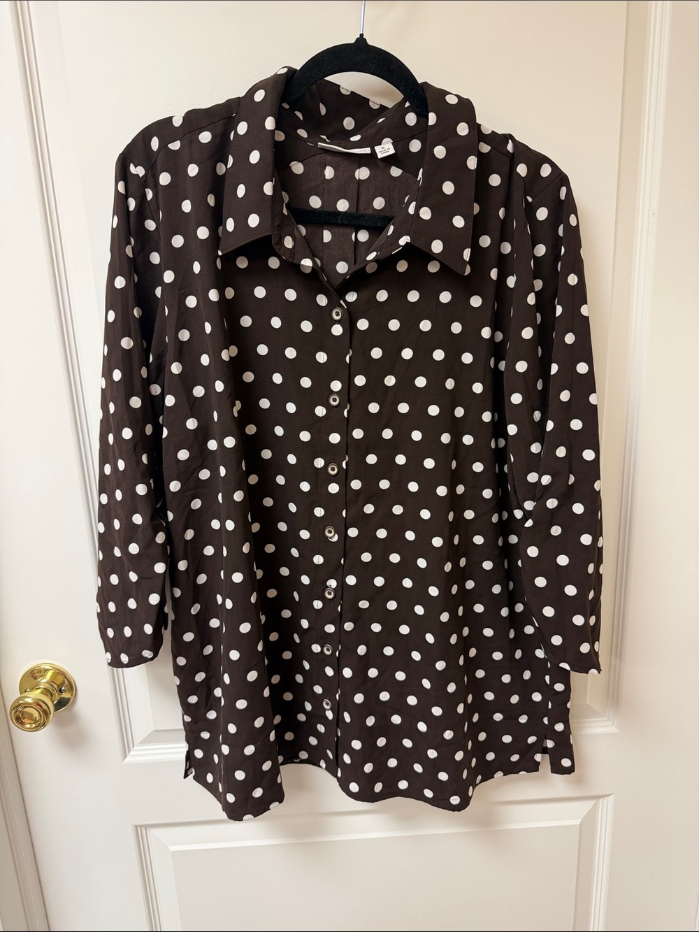 Susan Graver Polka Dot Button-Front Women’s Top in Brown and White